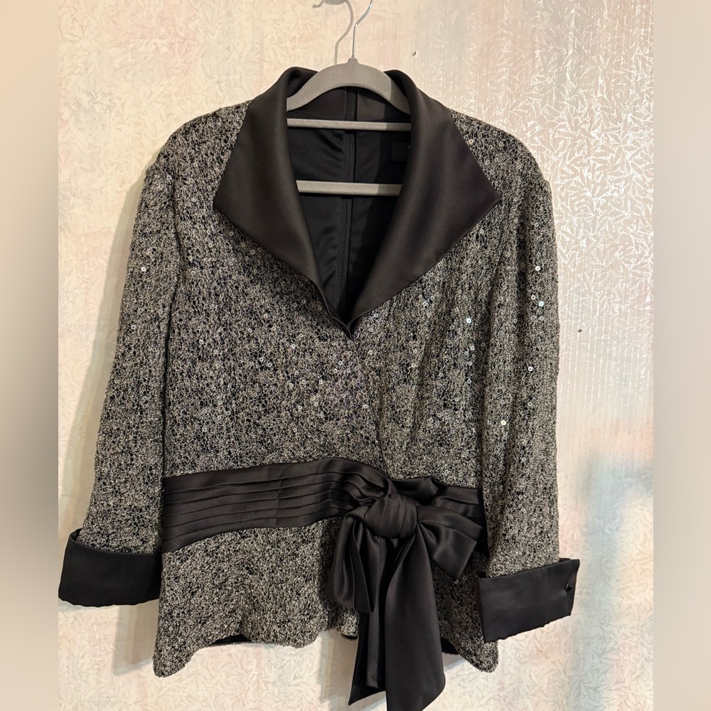Tadashi Shoji Black and Sparkling Silver Faux Wrap Around Top With Bow Detail 14